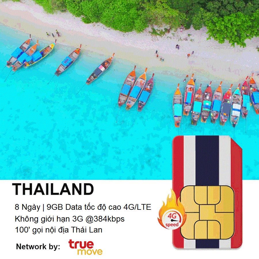 Sim Du Lịch Thái Lan 8 Ngày 9GB, 100 Phút Thoại