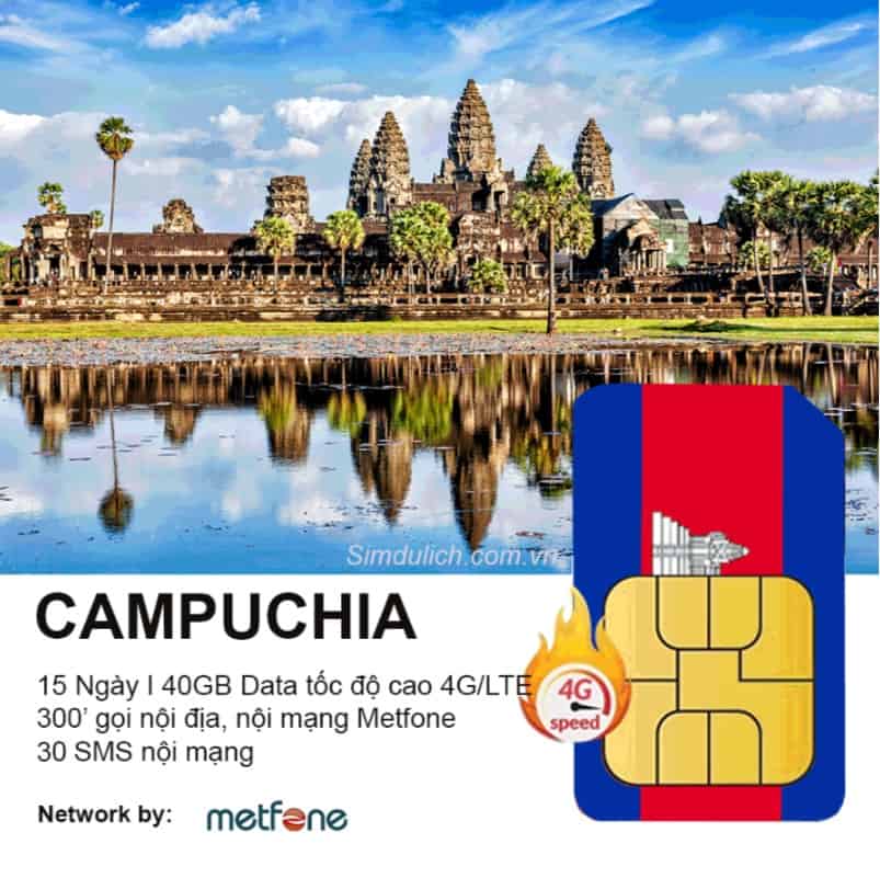 Sim du lịch Campuchia 15 ngày 40GB, Có Thoại