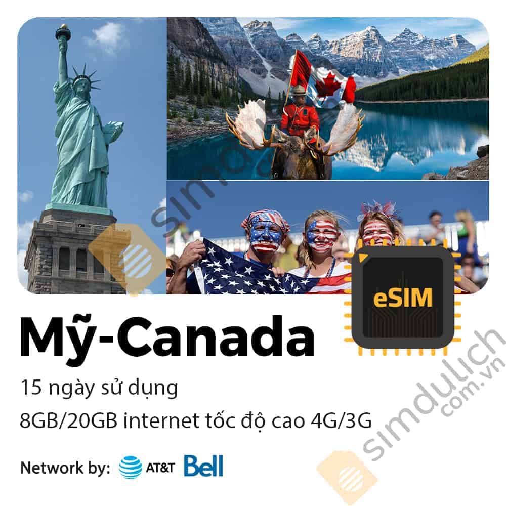 eSIM Mỹ Canada 15 ngày 8GB/ 20GB Data