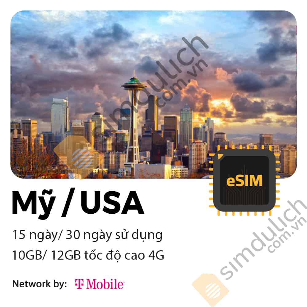 eSIM Du Lịch Mỹ USA 15 Ngày/ 30 Ngày 10GB/ 12 GB Data Tốc Độ Cao
