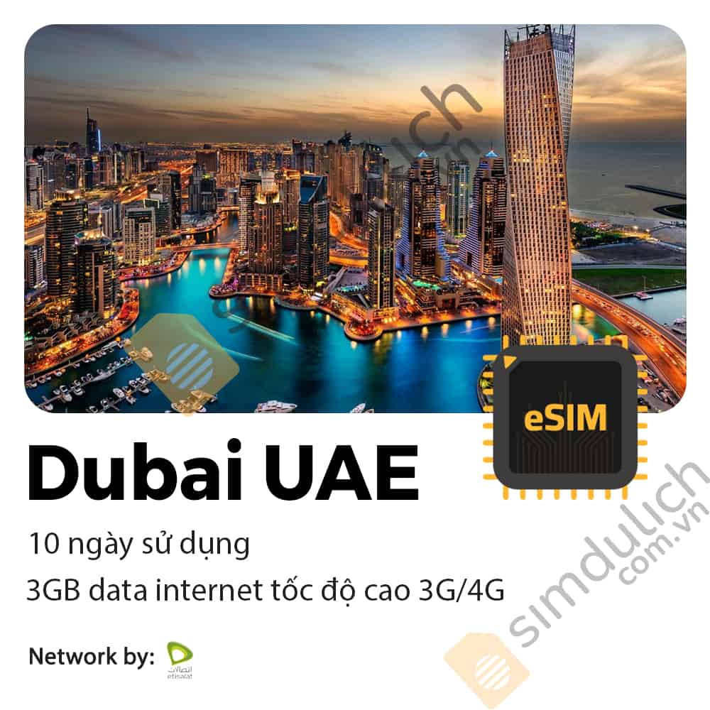 eSim Du Lịch Dubai UAE 10 Ngày 3GB Data Tốc Độ Cao