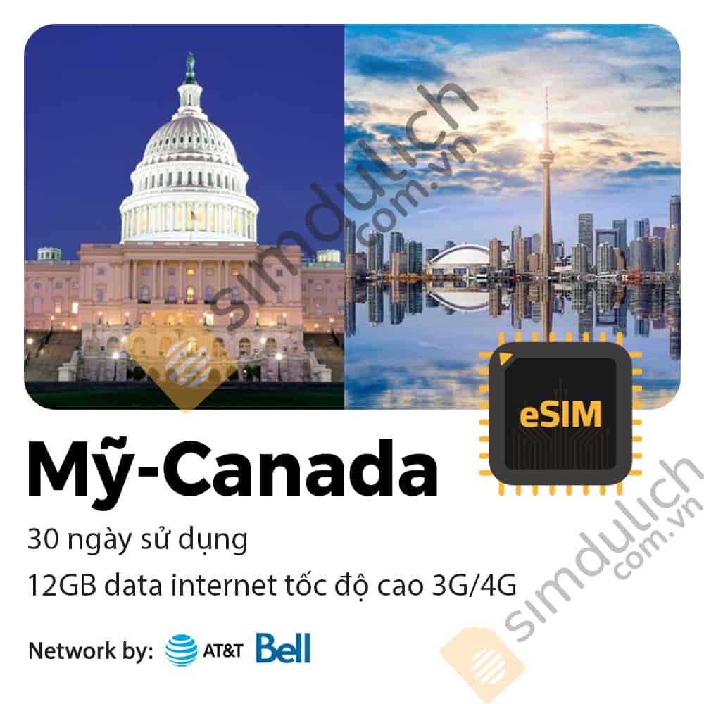 eSIM Du Lịch Mỹ Canada 30 Ngày 12GB Data Tốc Độ Cao