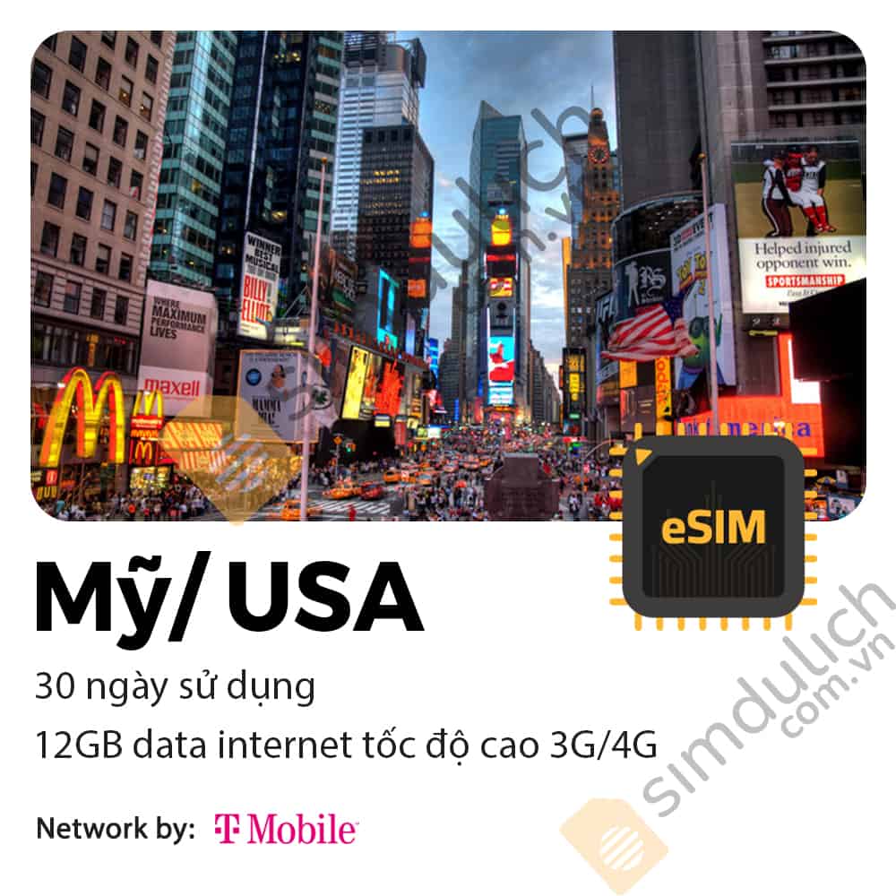 eSIM Du Lịch Mỹ USA 30 Ngày 12GB Data Tốc Độ Cao