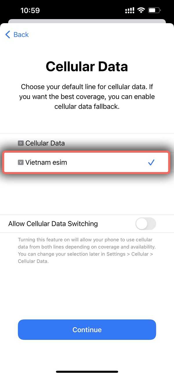 Chọn ESIM và đặt dưới dạng dữ liệu di động