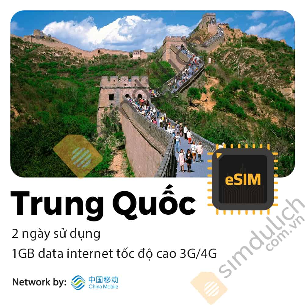 eSIM du lịch Trung Quốc 2 Ngày 1GB Data - Gói Dùng thử