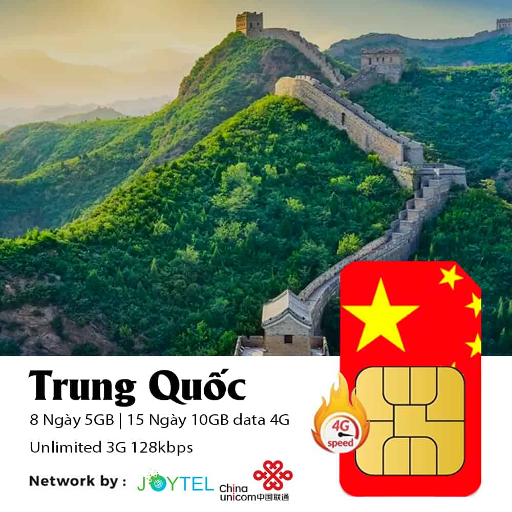 Sim du lịch Trung Quốc 8 Ngày 5GB / 15 Ngày 10GB data