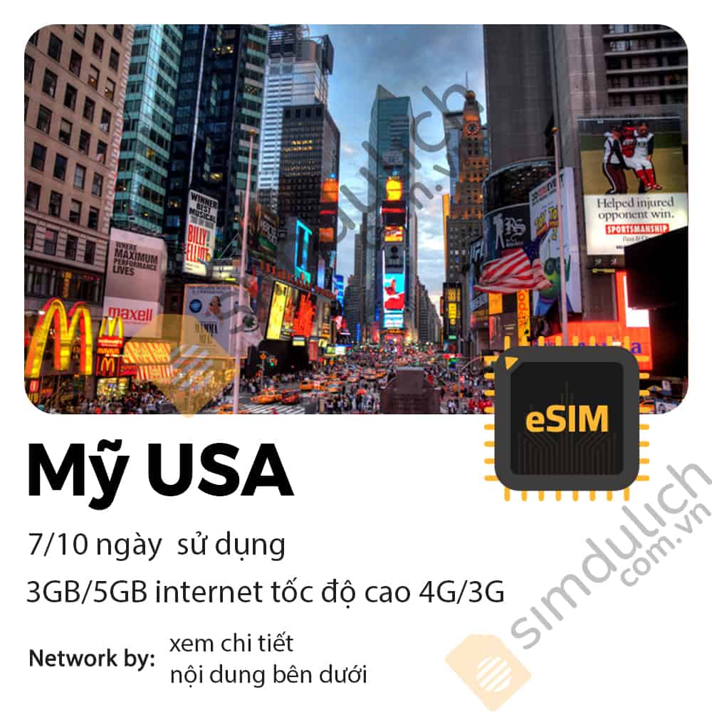 eSIM du lịch Mỹ USA 7-10 ngày 3GB/ 5GB Data